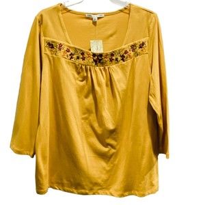NEW Carolyn Taylor XL Butterscotch Yellow EMBROIDERED Gathered Top Shirt STRETCH